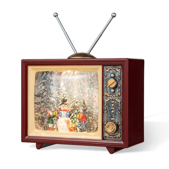 Glitzhome 7.5" Lighted Tv With Snowman Christmas Snow Globe, One Size, Brown